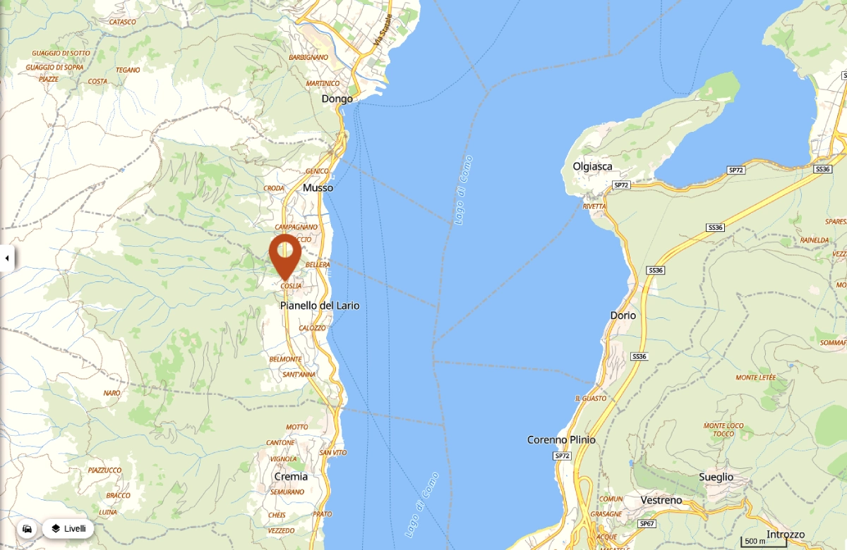 Map showing Treterre above Pianello del Lario on Lake Como
